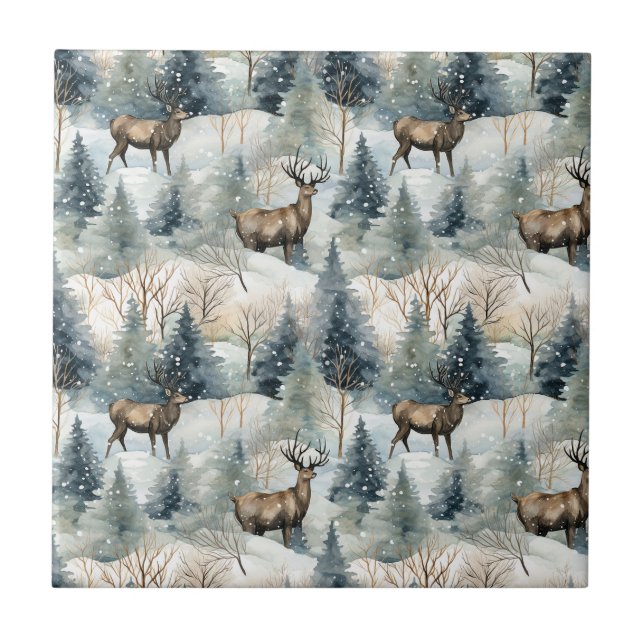 Winter Watercolor Forest Deer (1) Ceramic Tile (Front)