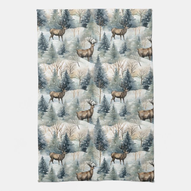 Winter Watercolor Forest Deer (1) Kitchen Towel (Vertical)