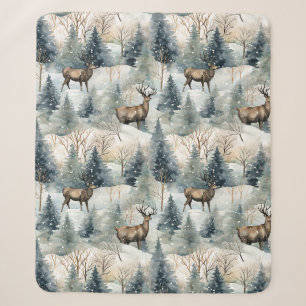 Winter Watercolor Forest Deer (1) Sherpa Blanket