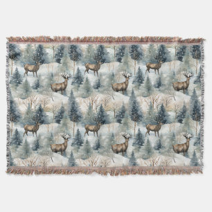 Winter Watercolor Forest Deer (1) Throw Blanket