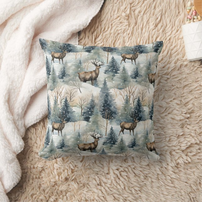Winter Watercolor Forest Deer (1) Throw Pillow (Blanket)