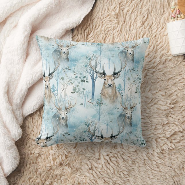 Winter Watercolor Forest Deer (2) Throw Pillow (Blanket)