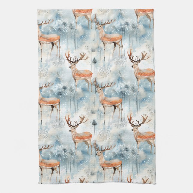 Winter Watercolor Forest Deer (3) Kitchen Towel (Vertical)