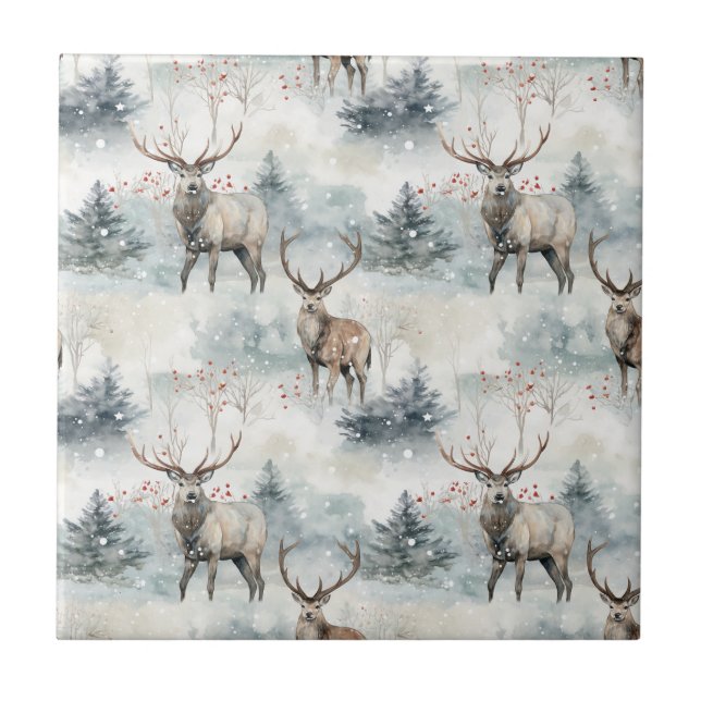 Winter Watercolor Forest Deer (4) Ceramic Tile (Front)