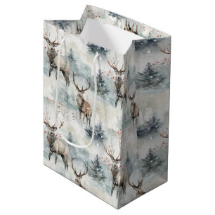Winter Watercolor Forest Deer (4) Medium Gift Bag