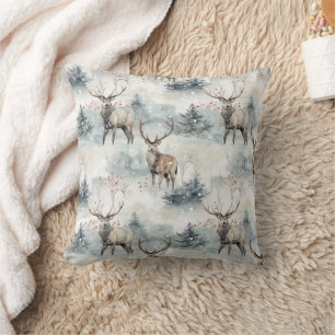Winter Watercolor Forest Deer (4) Throw Pillow