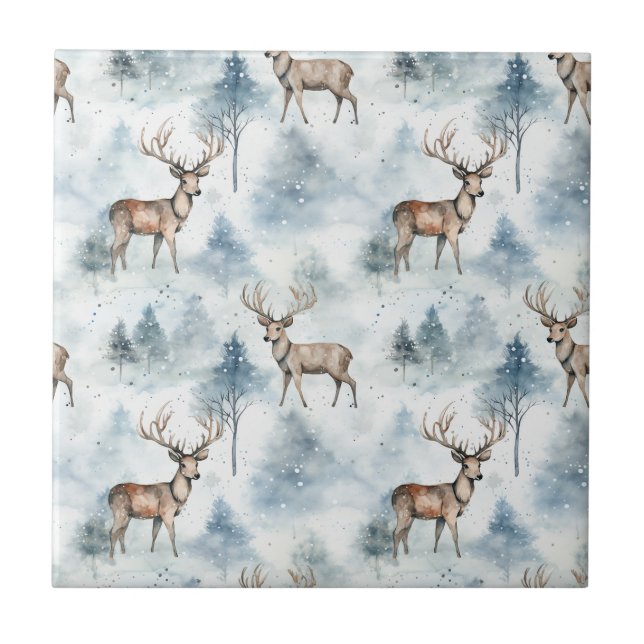 Winter Watercolor Forest Deer (5) Ceramic Tile (Front)