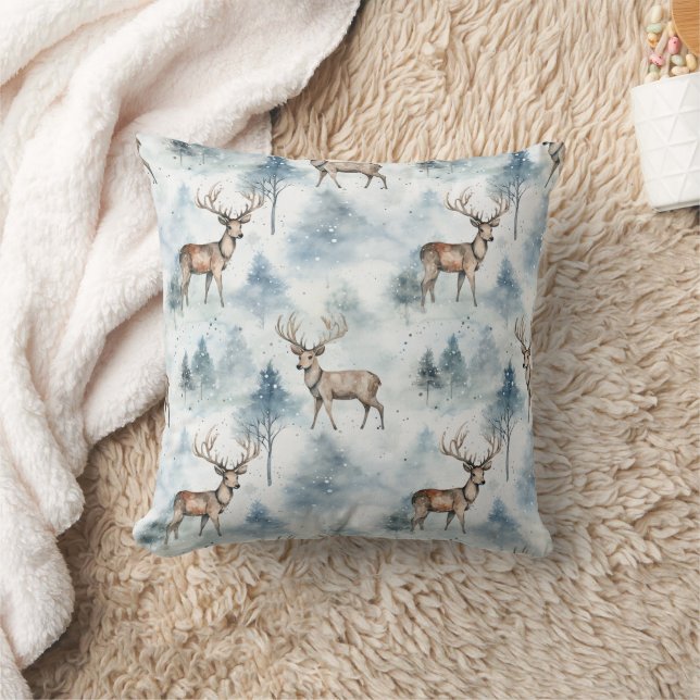 Winter Watercolor Forest Deer (5) Throw Pillow (Blanket)