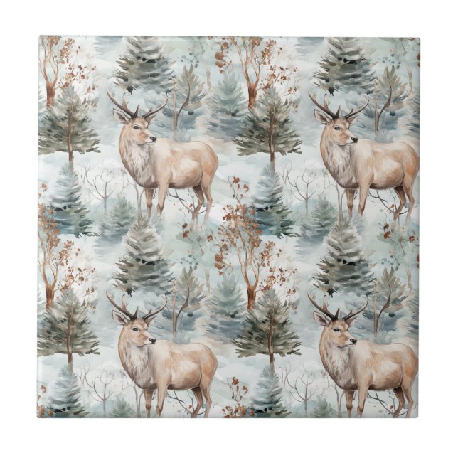 Winter Watercolor Forest Deer (6) Ceramic Tile (Front)