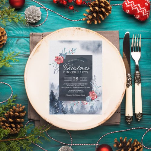 Winter Watercolor Forest  Flowers Navy Blue  Red Invitation