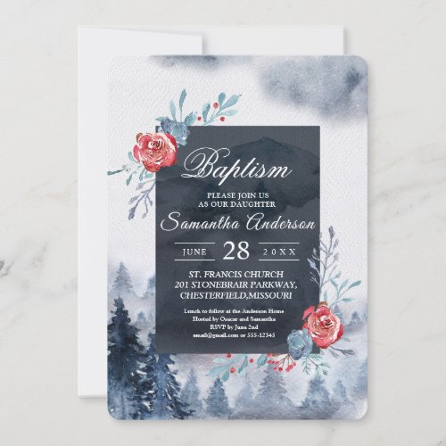 Winter Watercolor Forest  Flowers Navy Blue  Red Invitation