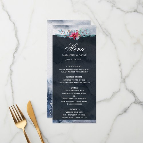 Winter Watercolor Forest  Flowers Navy Blue  Red Menu