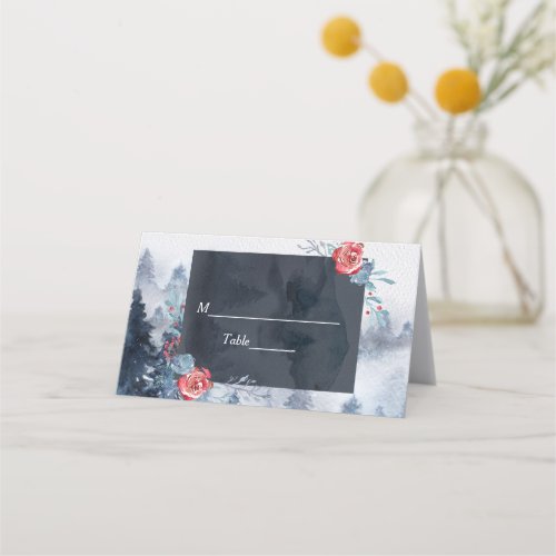 Winter Watercolor Forest  Flowers Navy Blue  Red Place Card
