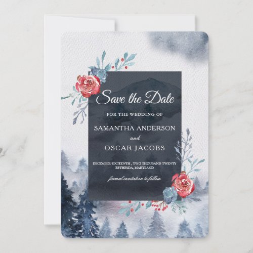 Winter Watercolor Forest  Flowers Navy Blue  Red Save The Date