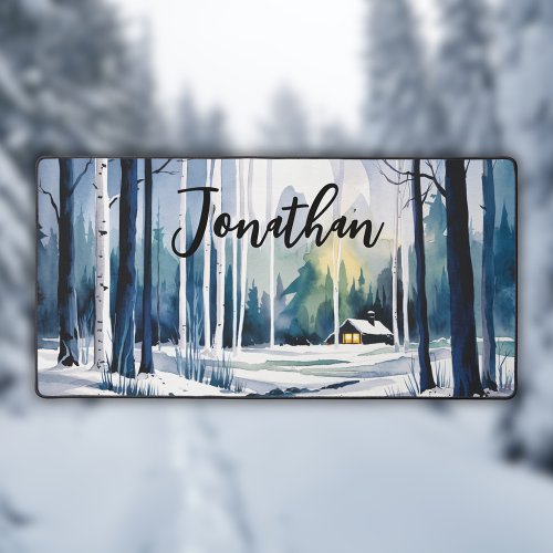 Winter Watercolor Forest Landscape Desk Mat