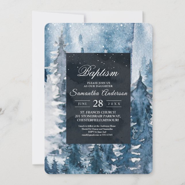 Winter Watercolor Forest & Navy Blue & White Invit Invitation (Front)