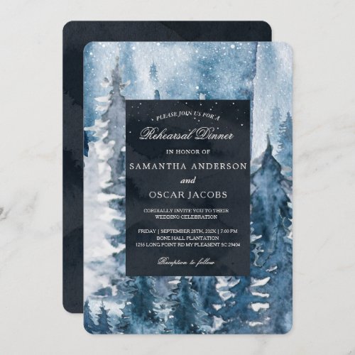 Winter Watercolor Forest  Navy Blue  White Invit Invitation