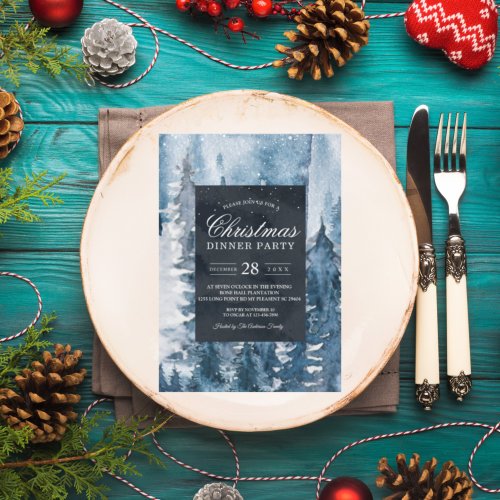 Winter Watercolor Forest  Navy Blue  White Invit Invitation