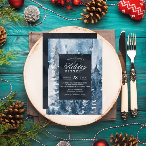 Winter Watercolor Forest  Navy Blue  White Invit Invitation