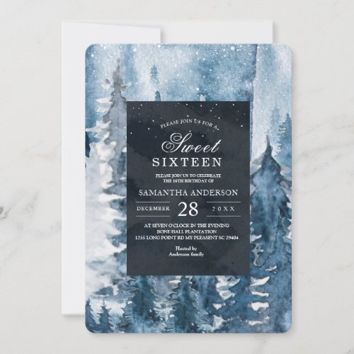 Winter Watercolor Forest  Navy Blue  White Invit Invitation