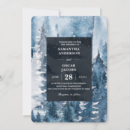 Winter Watercolor Forest  Navy Blue  White Invit Invitation