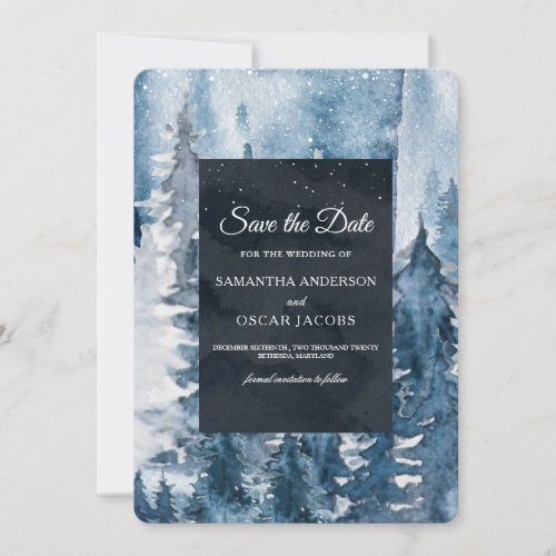 Winter Watercolor Forest  Navy Blue  White Save  Save The Date