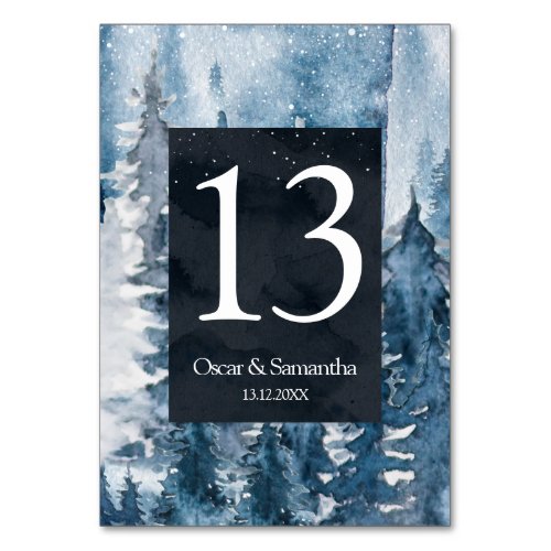 Winter Watercolor Forest  Navy Blue  White Table Table Number