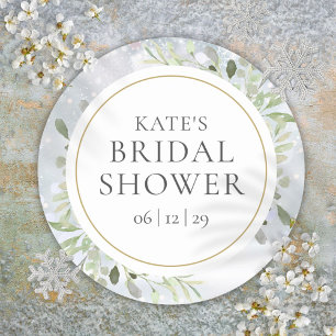 Winter Watercolor Greenery Bridal Shower Classic Round Sticker