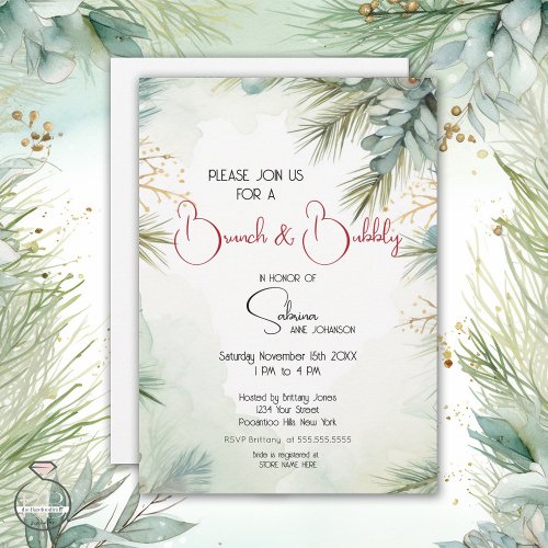 Winter Watercolor Greenery Brunch and Bubbly  Invitation
