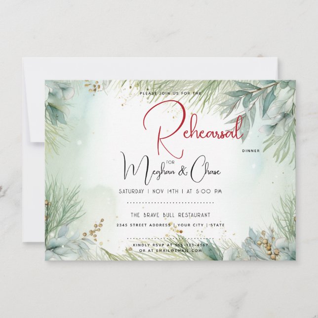 Winter Watercolor Greenery  Invitation (Front)