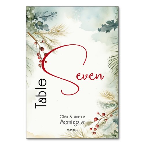 Winter Watercolor Greenery  Table Number