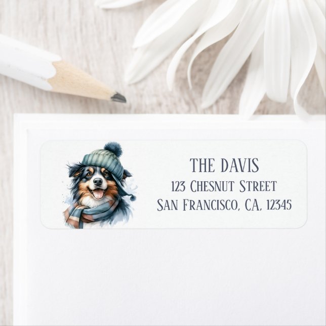 Winter Watercolor Hat Scarf Australian Shepherd - Label (Insitu)