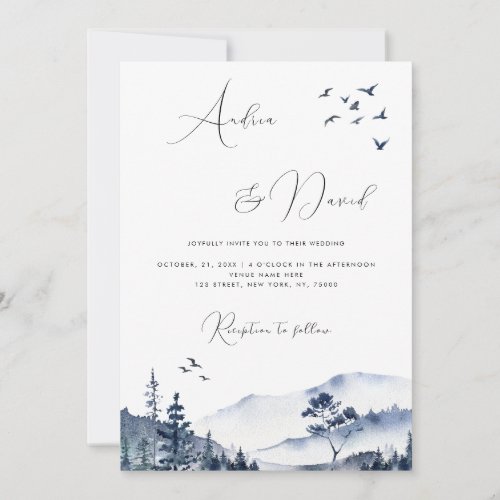 Winter Watercolor Hills Mountains QR Code Wedding Invitation