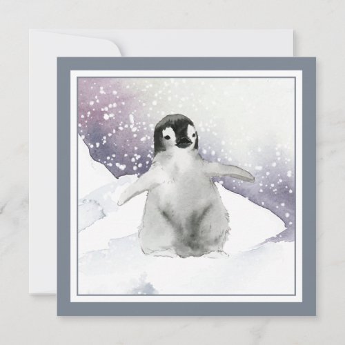 Winter Watercolor Holiday Baby Penguin Invitation