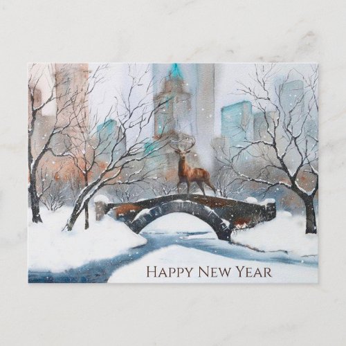 Winter Watercolor Landscape and a Majestic Deer Holiday Postcard