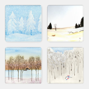 Winter Watercolor Landscapes Coaster Set