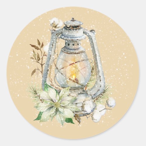 Winter Watercolor Lantern Christmas Holiday Bisque Classic Round Sticker