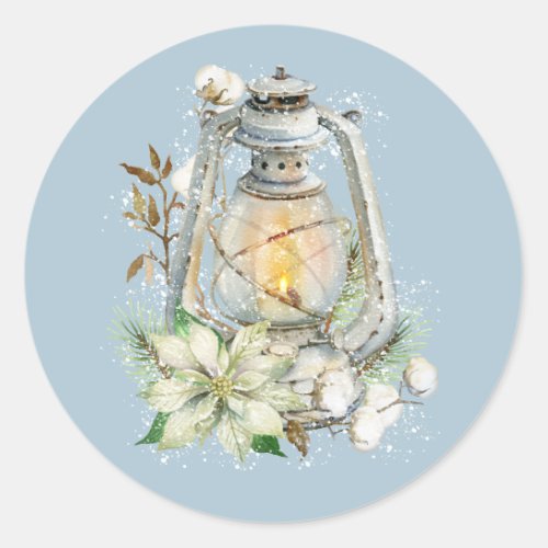 Winter Watercolor Lantern Snow Christmas Blue Classic Round Sticker