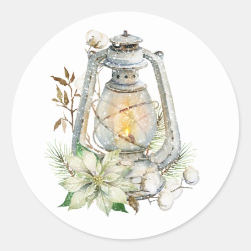 Winter Watercolor Lantern Snow Christmas Holiday Classic Round Sticker