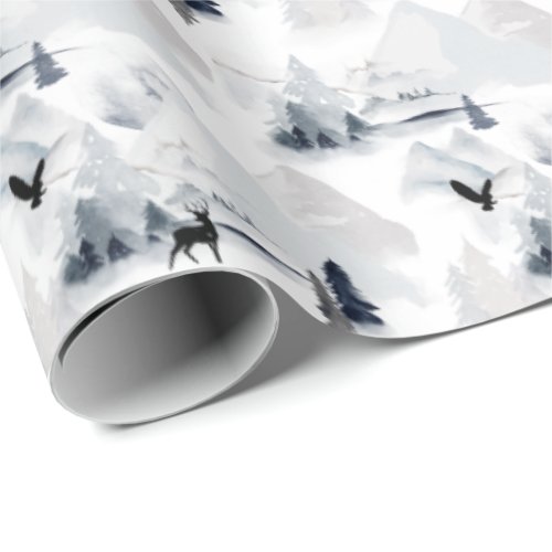 Winter Watercolor Mountain Scene Deer Christmas Wrapping Paper