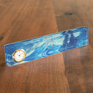 Winter Watercolor Mountains Landscape Monogram Desk Name Plate