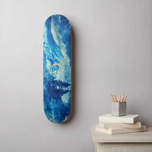 Winter Watercolor Mountains Landscape Monogram Skateboard (Wall Art)