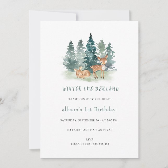 Winter Watercolor Onederland 1st Birthday  Invitation (Front)