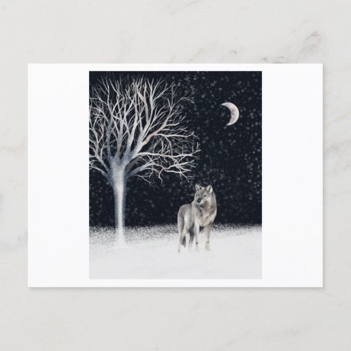 Winter watercolor painting of a wild wolf postcard