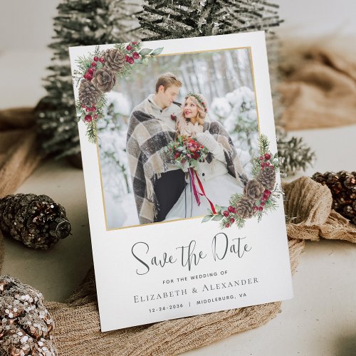 Winter Watercolor Pine Christmas Wedding Photo Save The Date