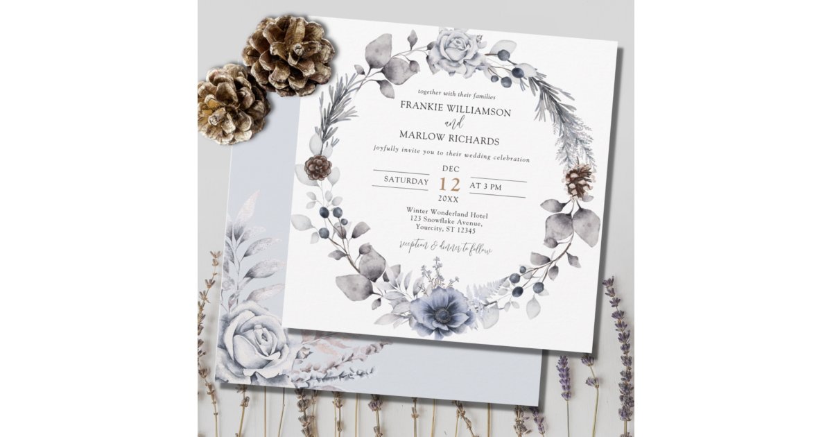 Winter Watercolor Pine Cone Floral Wreath Wedding Invitation | Zazzle