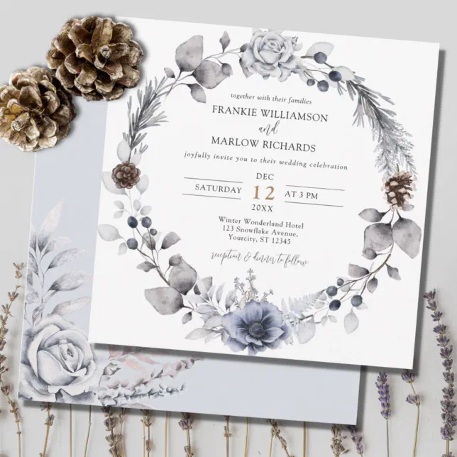 Winter Watercolor Pine Cone Floral Wreath Wedding Invitation | Zazzle