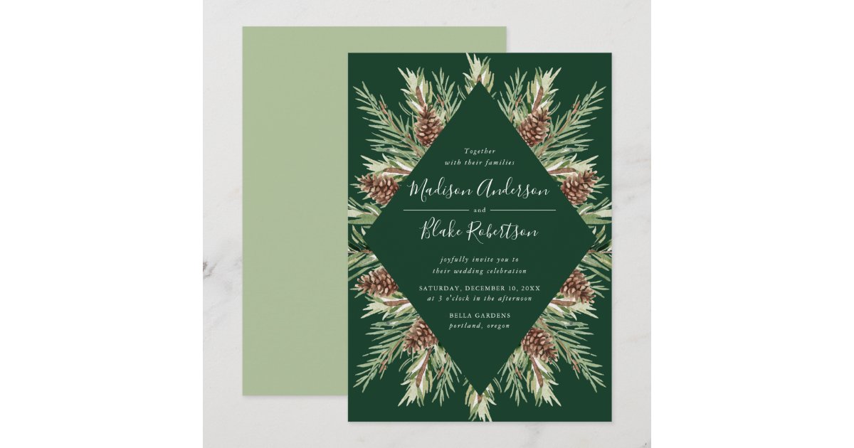 Winter Watercolor Pine Cone Frame Green Wedding Invitation | Zazzle