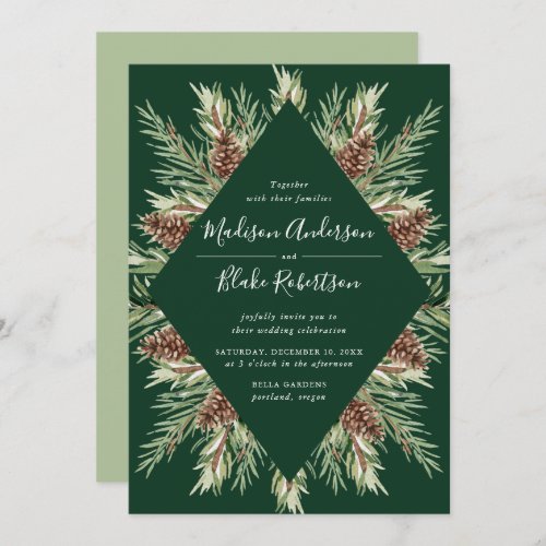 Winter Watercolor Pine Cone Frame Green Wedding Invitation