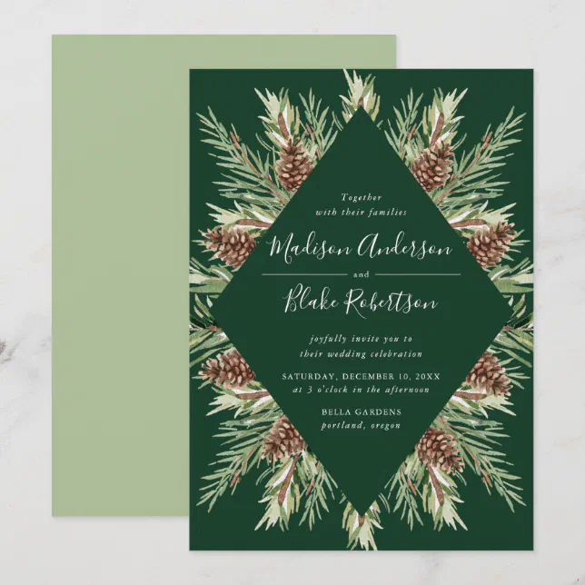Winter Watercolor Pine Cone Frame Green Wedding Invitation | Zazzle
